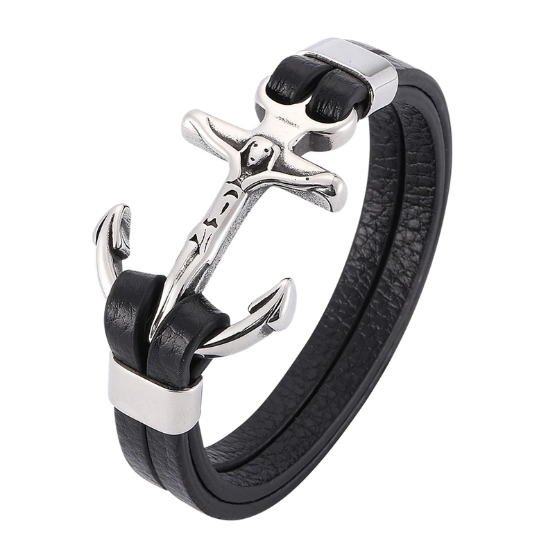 Fashion Cross Stainless Steel Anchor Bracelet Men Charm Bracelet Multilayer Layer Leather Wrap Men's Bangles Gifts BB781