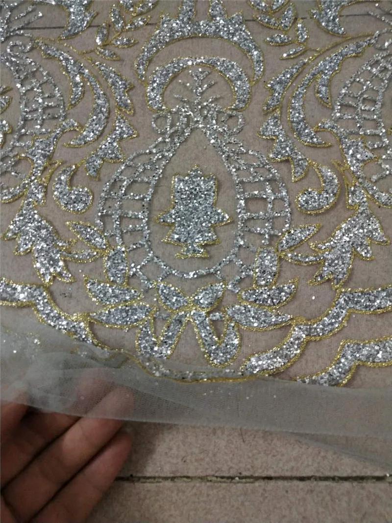 

Good looking silver glitter gold edge african glued glitter lace JRB-12281 embroidery tulle mesh lace fabric for sexy dress