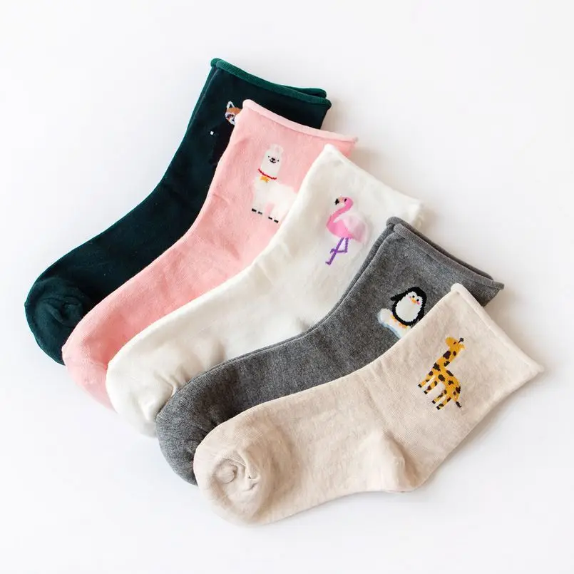 Cartoon Animals Penguin Flamingo Alpaca Giraffe Pattern Fashion Volume Edge Woman Socks Multi-Color Casual Cotton Socks Female