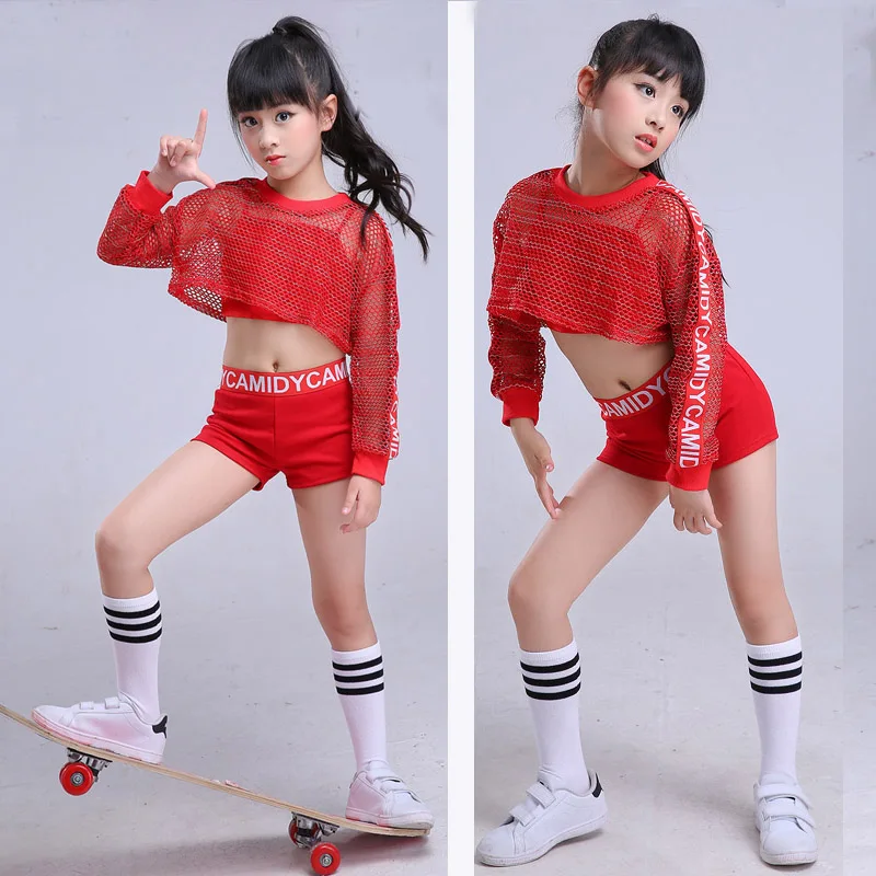 Girls Red Cool Ballroom Jazz Hip Hop Dance Costume stage dance wear Tank Tops Shorts Net Blouse for Kid Dancing Clothes Outfit