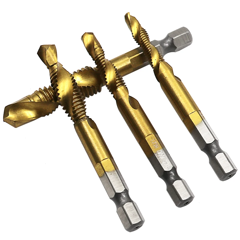Spiral Pointed ก๊อก HSS M2แตะด้ายรูป1/4นิ้ว Hex Tap Drill Bits เมตริกเกลียวเกลียว Screw Tap ชุด M3-M10