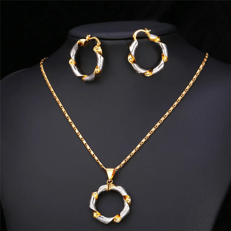 U7 Dubai Necklace Set Trendy Round Pendant  Earrings Mix Gold Color  Jewelry  Women S661