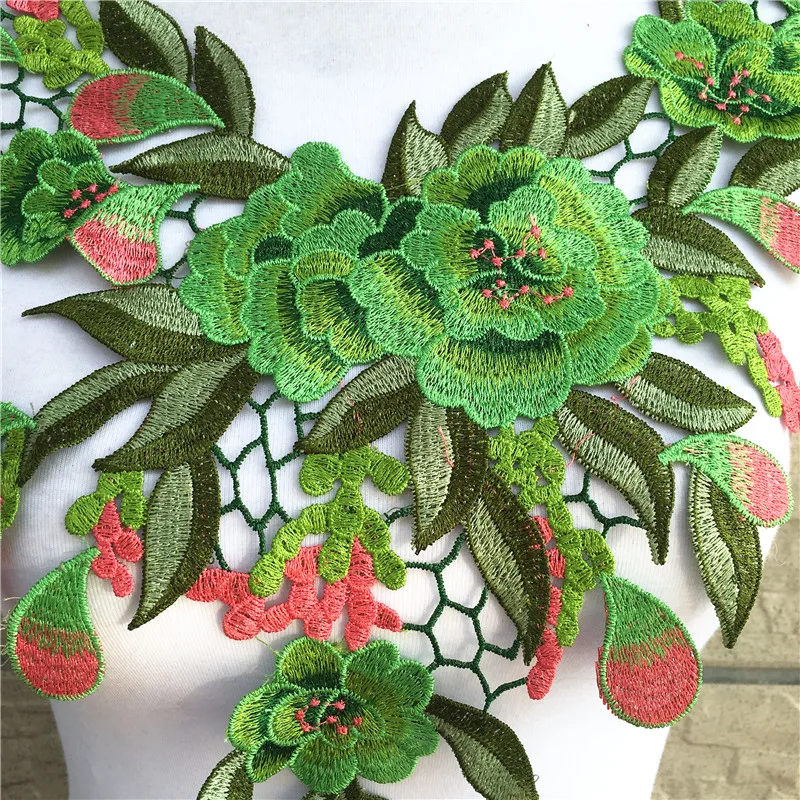 1pc Green/Red Flower Embroidery Applique Pacthes Lace Fabric Neckline Collar Motif Scrapbooking Diy Clothes Sewing