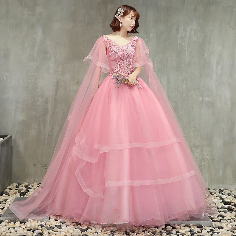 Ruthshen Hot Verkoop 2020 Roze Mooie Quinceanera Jurken Lange Mouwen 3D Applicaties Puffy Formele Gown Prom Dress Baljurken