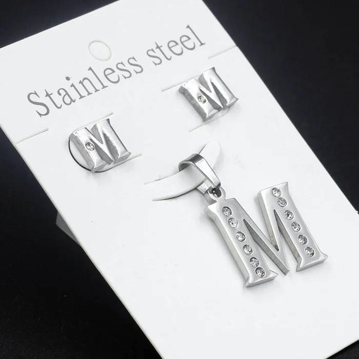 LUXUKISSKIDS Vintage Stainless Steel M Letter Jewelry Set Classic Alphabet with Crystal Golden Pendant Necklace and Earrings