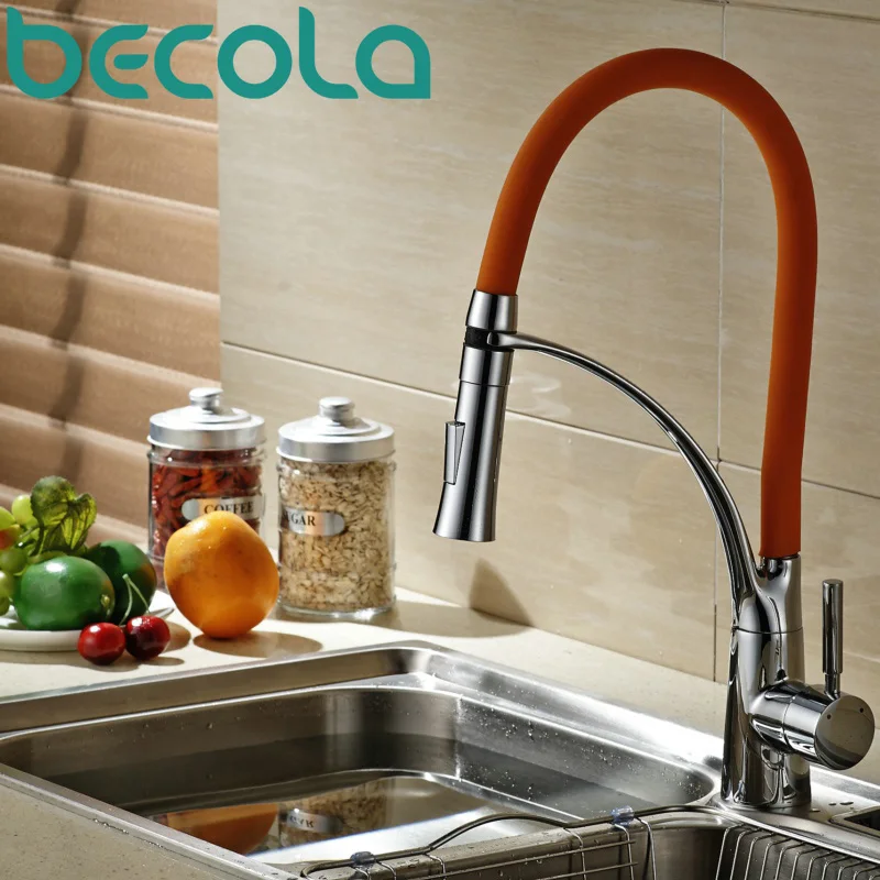 

Becola Pull Down Kitchen Faucet Deck Mounted Sink Mixer Tap Hot and Cold Water Orange Faucet B-9205C