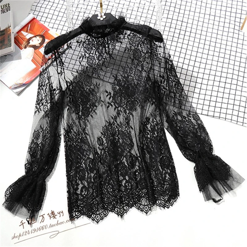 Women Floral Embroidery Mesh Lace Blouses Shirt Women tops Sexy Blouses See-through Hollow Flare Long Sleeve Base Shirt Blouse