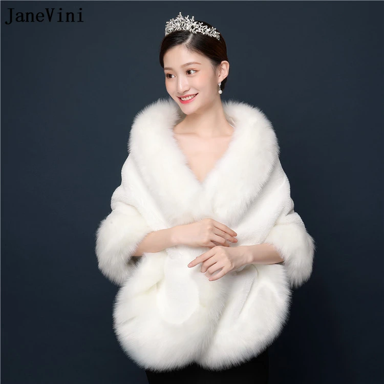 

JaneVini Elegant Ivory Warm Short Faux Fur Bridal Shawls Shrug Coat Bride Winter Wedding Party Capes Cloak Formal Evening Bolero