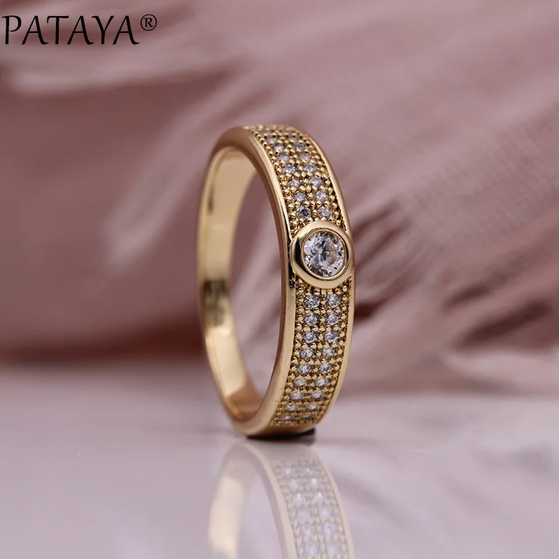 PATAYA New Micro-wax Inlay Luxury Women Rings 585 Rose Gold Color Wedding Fine Fashion Jewelry White Round Natural Zircon Ring