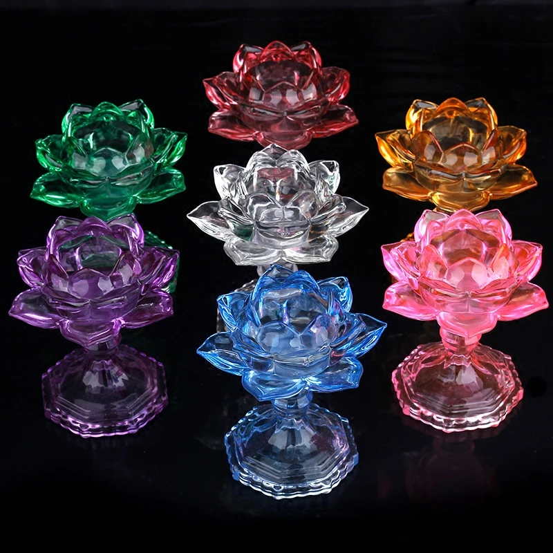 

7 Colors Crystal Glass Lotus Flower Candle Tea Light Holder Buddhist Candlestick Holder Decorative Party Wedding Birthday decor