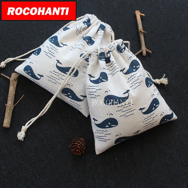 Children's cartoon tree whale design cotton cloth linen bag drawstring clothes toy storage bag shopping gift bag small pouch