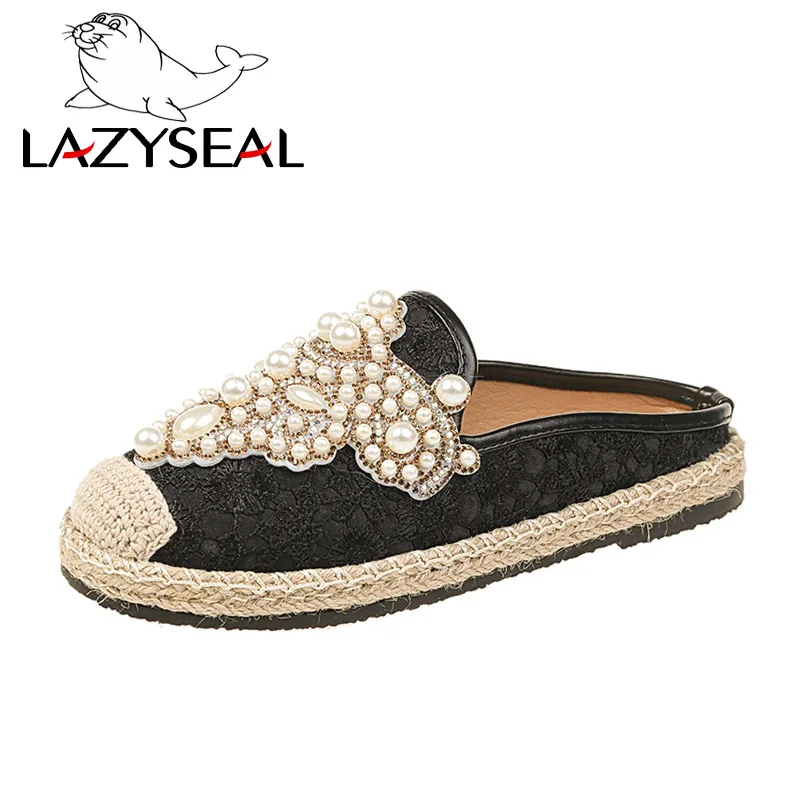 LazySeal 2020 Spring Slides Women Shoes Pearl Loafers Flat Heel Shoes Lazy Cane Women String Bead Moccasin Mules Shoes For Women