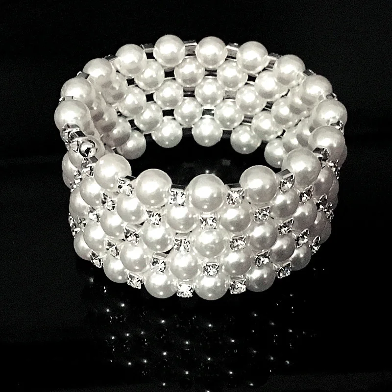 New Luxury Jewelry Wedding Wide 6 Row Pearl Bracelets Bangles For Women Crystal Female Hand Bracelet Charms Silver Color Braclet