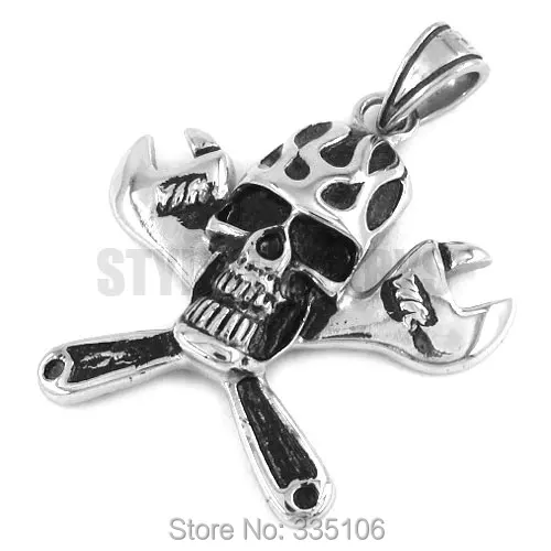 Free shipping! Spanner Flame Skull Pendant Stainless Steel Jewelry Punk Motor Biker Pendant SWP0208