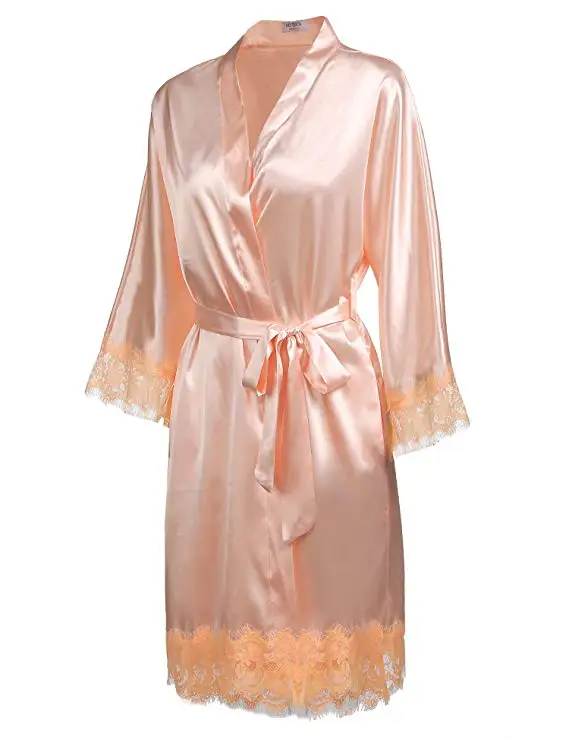 Sexy Ladies\' Lace Satin Robe Gown Solid Soft Nightgown Nightwear Kimono Bathrobe Sleepwear Wedding Bride Bridesmaid Robes