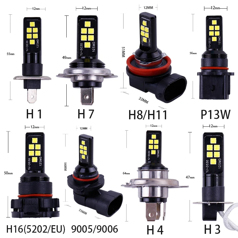 

100PCS P13W H11 H8 H4 H1 H3 H7 9005 9006 HB4 HB3 H16 5202 3030 Chips Fog Light Bulbs DRL Car Driving Light Foglamps Auto 12v