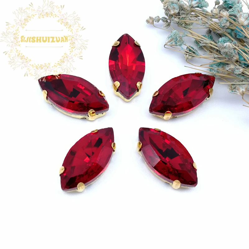 Glitter Red Horse Eye Shape Drill All Sizes Glass Crystal Sew On Rhinestones Gold Bottom Claw Diy shoes Accessories