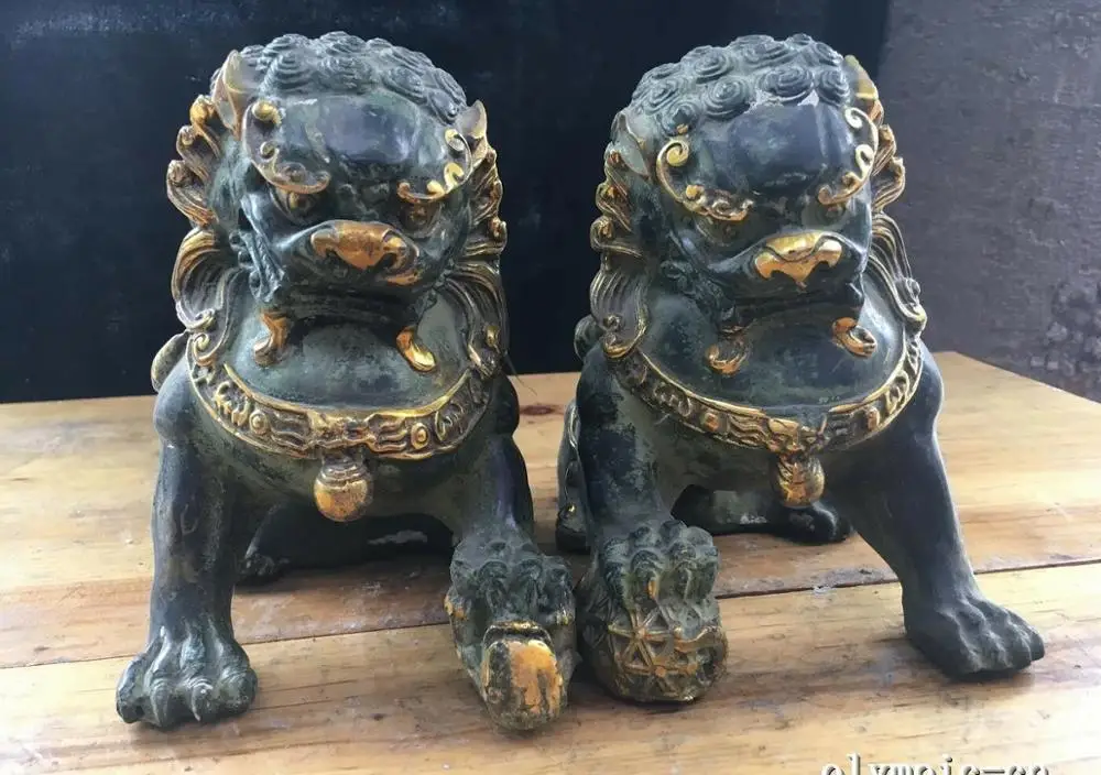 6'' bronze gild sculpture home fengshui statue Pair lion foo fu dog guard statue