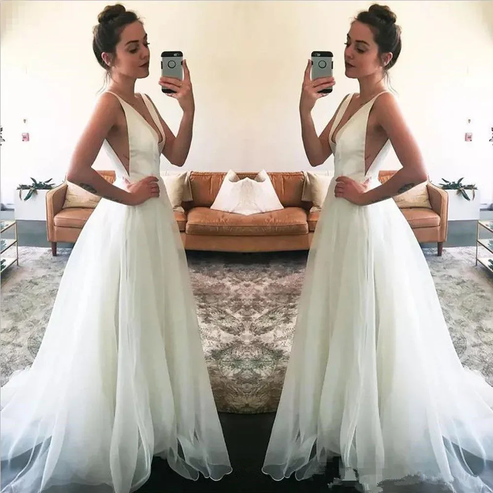 

Vestido de Noiva 2020 V Neck Beach Wedding Dresses Backless A Line Tulle Sexy boho Bridal Gowns Vintage wedding gown