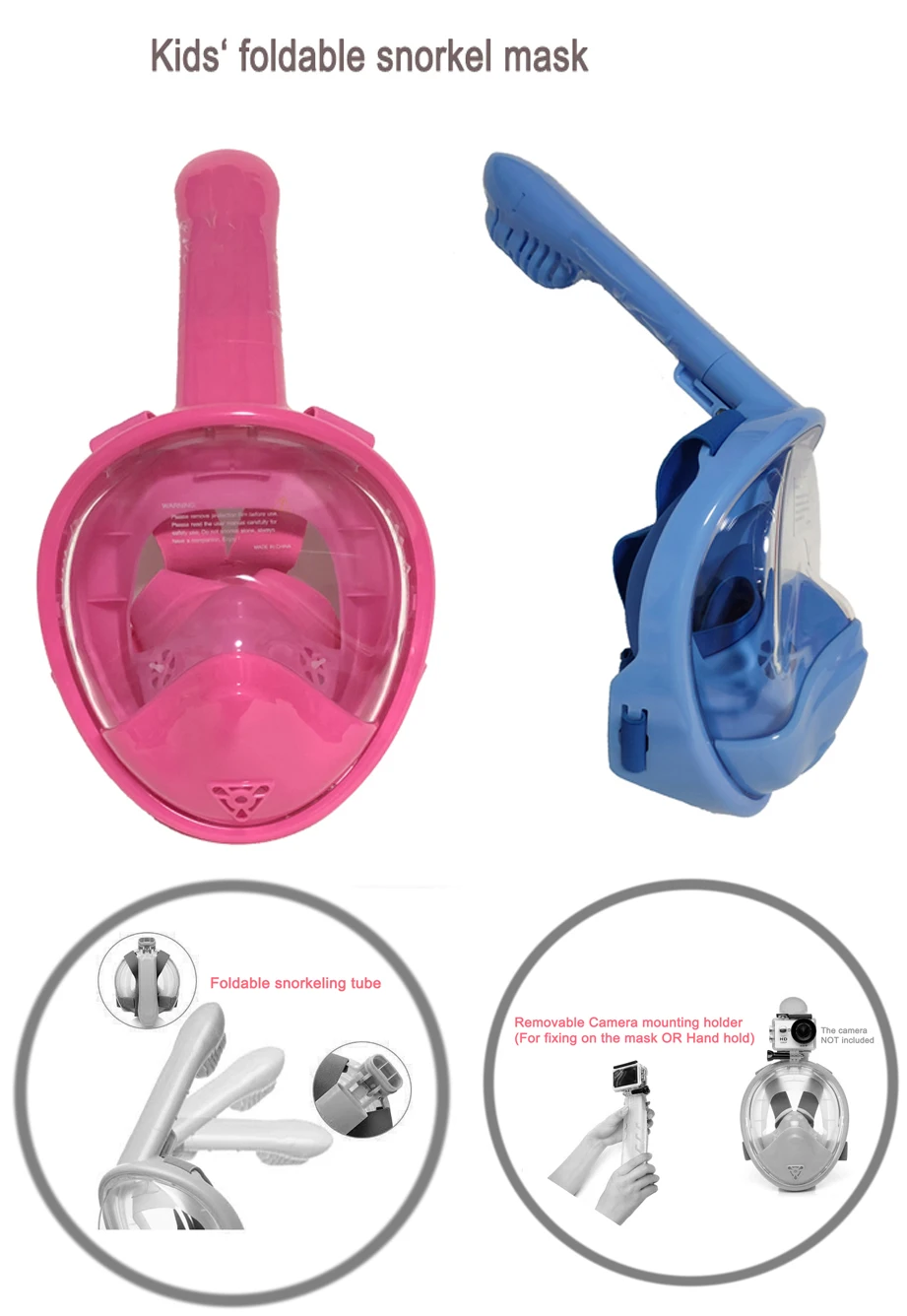 

Free ship!Foldable snorkel tube Full Face Free breathing snorkeling mask with removable camera mount holder XS size for kids4-18