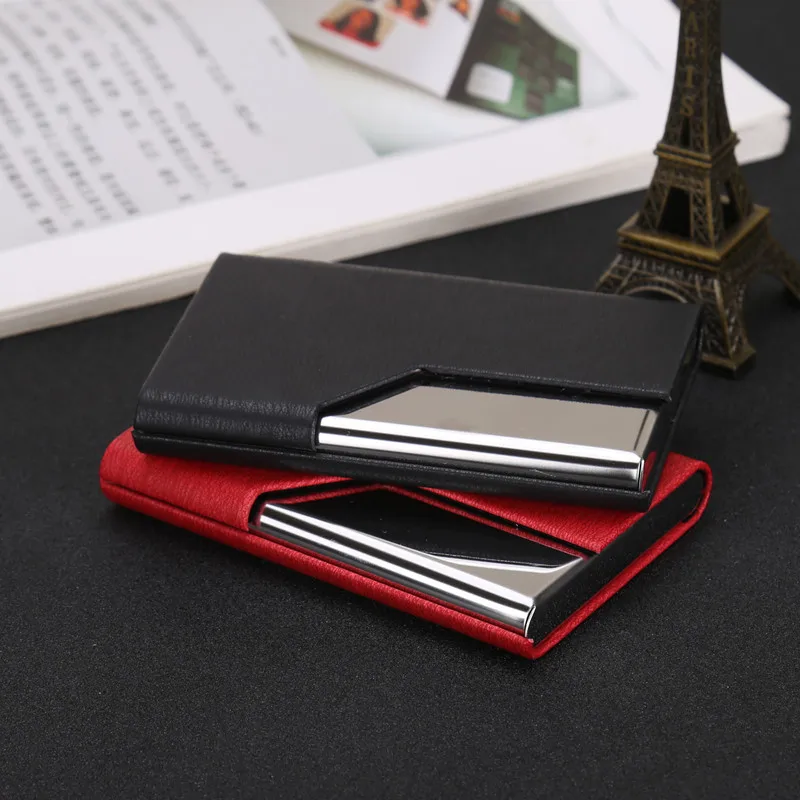 QOONG RFID Blocking Wallet Business ID Credit Card Holder For Women Men Fashion Brand Metal Card Case PU Leather Porte Carte