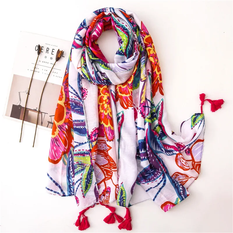 Lenço de borla floral para mulher, xale viscose, envoltório, pashmina, roubou, muçulmanos, hijab, snood, senhoras, Espanha Fashion