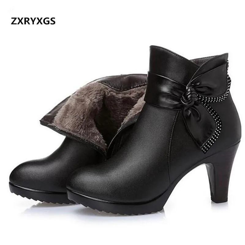 ZXRYXGS Brand Bow scarpe moda donna stivaletti invernali 2024 lana calda scarpe in vera pelle donna stivali da neve stivali tacco alto