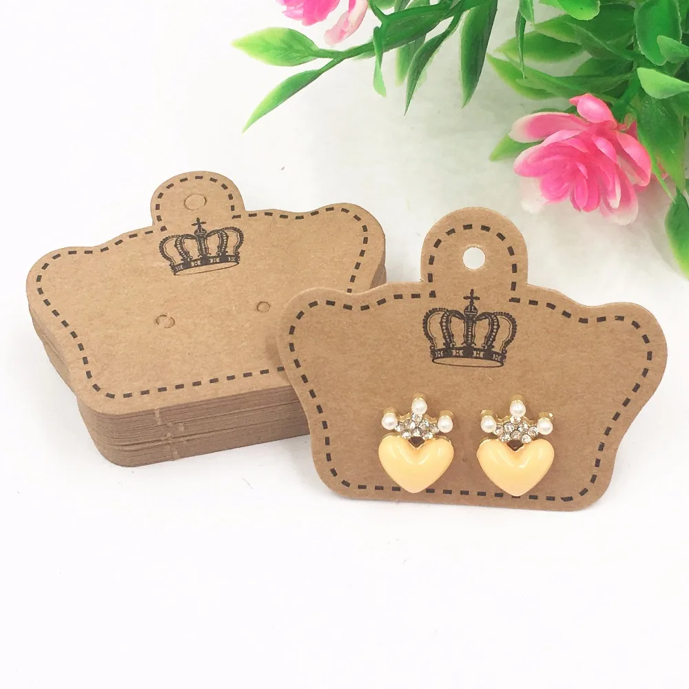 200pcs Crown Printed Kraft Paper Ear Studs Jewelry Display Card Earring Kraft Paper Tag Ear Ring Paper Hang Price Tags