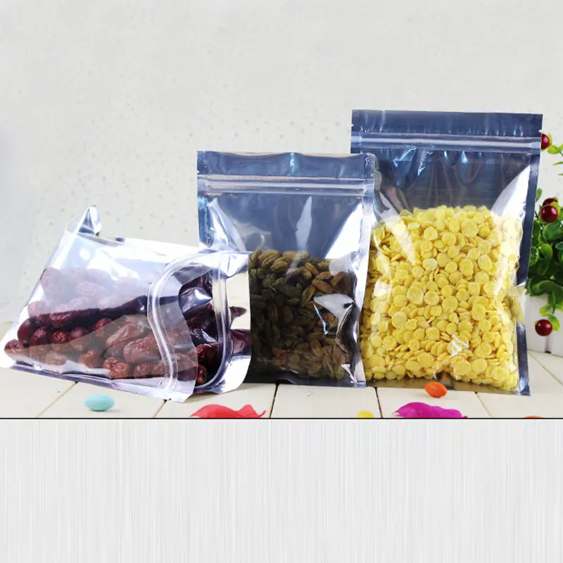 50pcs Clear Aluminium Foil Zip Lock Bag Silvery Metallic Plastic Packaging Pouch for Food Tea Candy Snack Self Seal Storage Bags