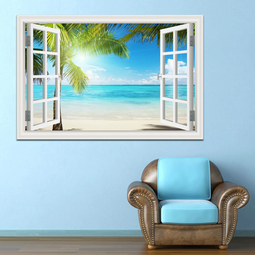 3D Beach Window View Wall Sticker Removable Summer Coconut Tree Murals Wallpaper Peel and Stick Living Room Kitchen Sticker