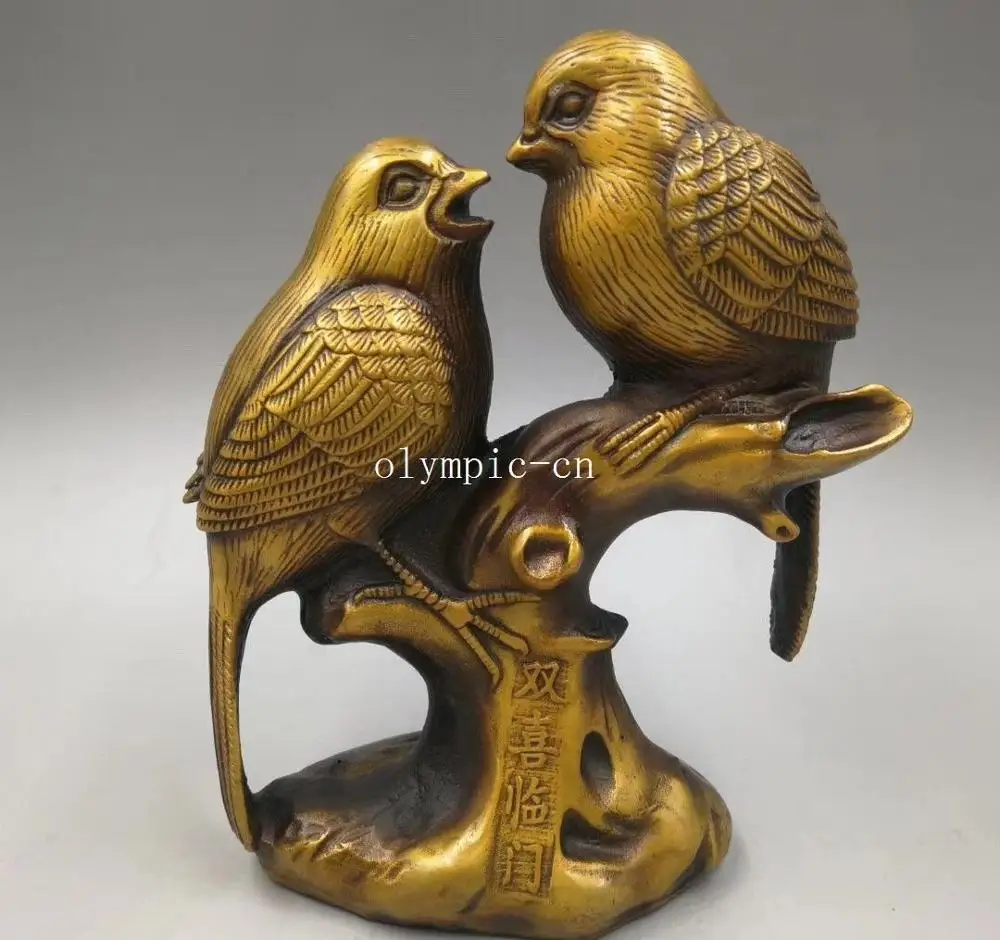 

8'' copper brass carvings auspicious two birds statue
