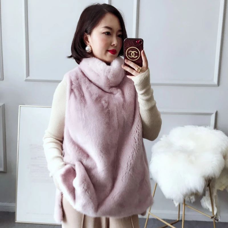 2024 New Real Mink Fur Vest Women Regular Overhead  Coat High Collar Winter Warm Thick  Whole Mink Fur  Bows Jacket