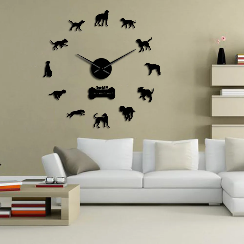 

3D Sighthound Dog Breed Wall Art Stickers Irish Wolfhound DIY Giant Wall Clock Cú Faoil Puppy Dogs Silent Frameless Watch Decor