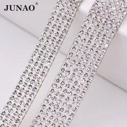 JUNAO 5 Yard Hotfix Clear Rhinestone Chain Fabric Crystal Ribbon Trim Glass Applique Strass Tape Band For Dress Jewelry Making