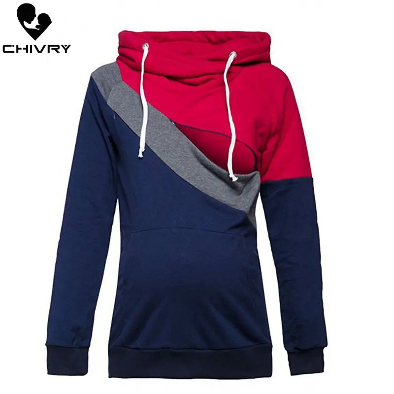 Chivry Maternity Patchwork Sweatshirt Breastfeeding Clothes Hooded Pregnant Hoodies Women Nursing Tops Pregnancy Sweatshirt