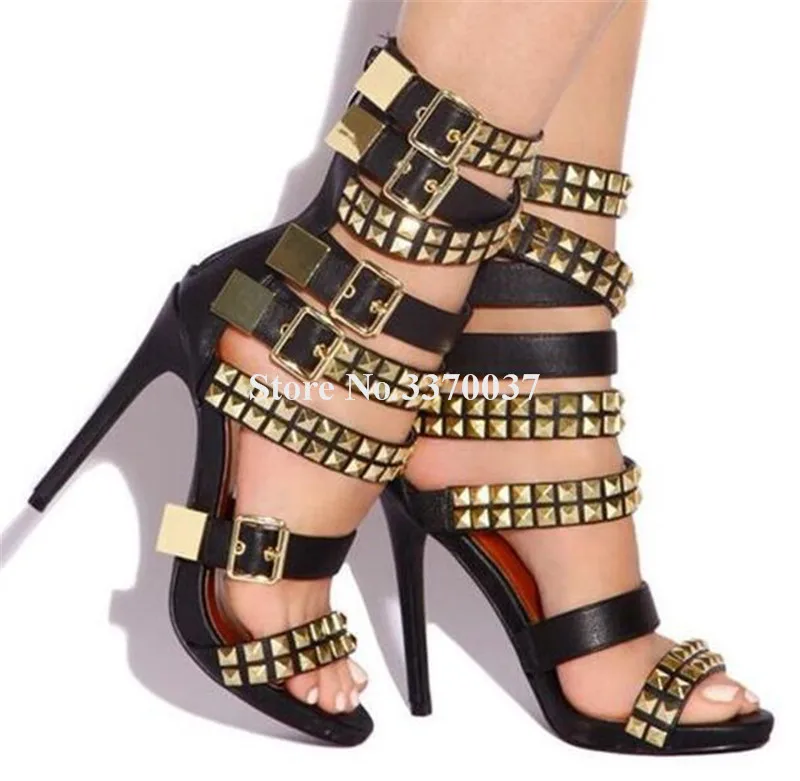 New Fashion Women Open Toe Gold Rivet Straps Thin Heel Gladiator Sandals White Black Buckles High Heel Sandals Club Shoes