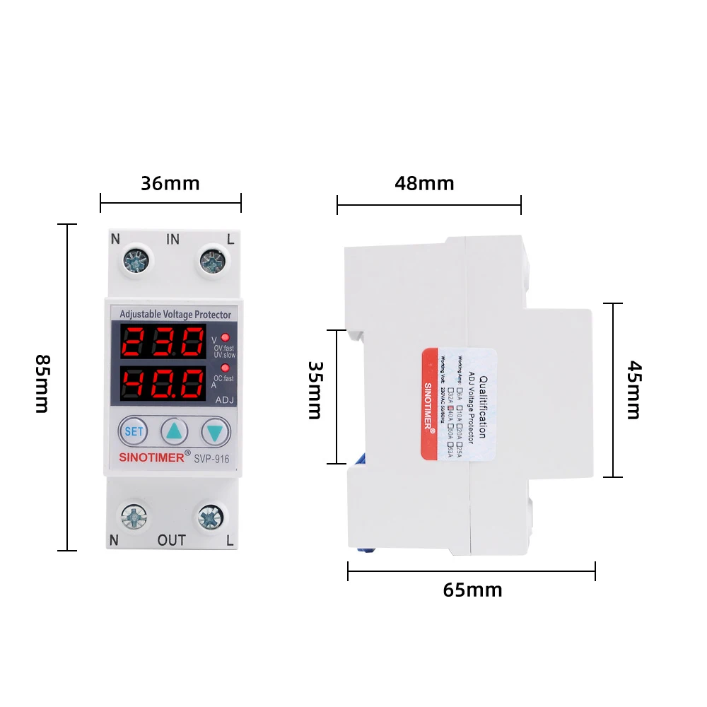 Home Usage Dual LED Display 40A 63A 80A Din Rail 230V Adjustable Voltage Surge Protector Relay with Limit Current Protection