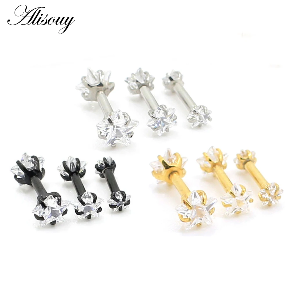 Alisouy 2 pcs Punk Style Piercing Barbell Ear Cartilage Tragus Helix Stud Double Zircon Body Jewelry For Man Women Studs 1.2mm