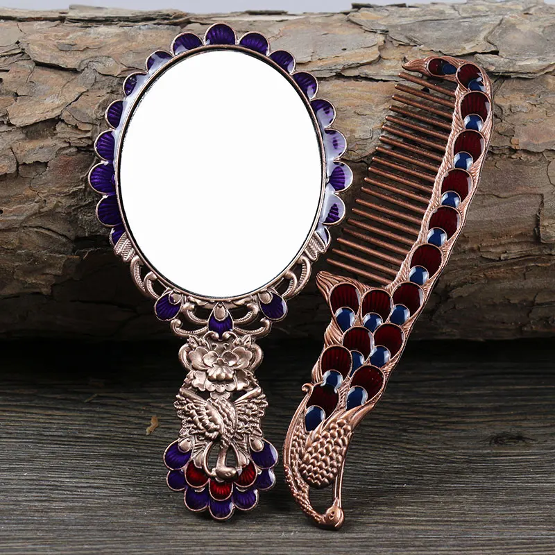 Europe Large Peacock Pattern Metal Carry Folding Makeup Mirror With Comb Hand Hold Cosmetic Mirror With Handle For Gifts HZJ015