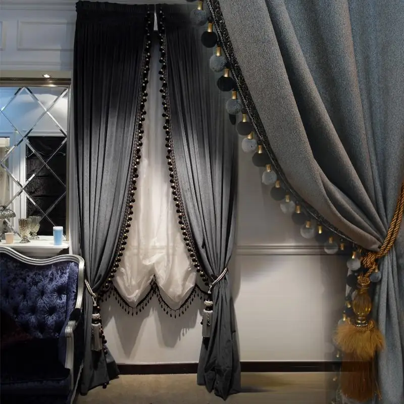 Blackout Thick Solid Velvet Curtain Pure Color Luxury For Bed Room Black Out Luxurious Drapery Door Bead Curtains Beaded Curtain