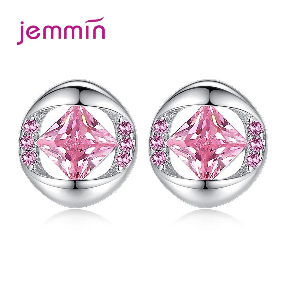 

Real 925 Silver Cubic Zirconia Stud Earrings Pink Clear Austrian Crystal Zircon for Women Girl Ear Brincos Jewelry