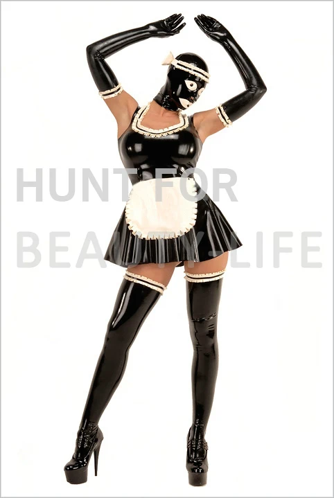 

Latex uniform housekeeper hood, stocking dress, apron, gloves, brief, neckband,bra,100% natural,handmade!