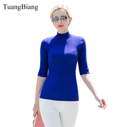 TuangBiang 2023 Spring New Three Quarter Sleeve Slim Solid Color Turtleneck Pullovers Sweaters Europe Style Elegant Navy Sweater