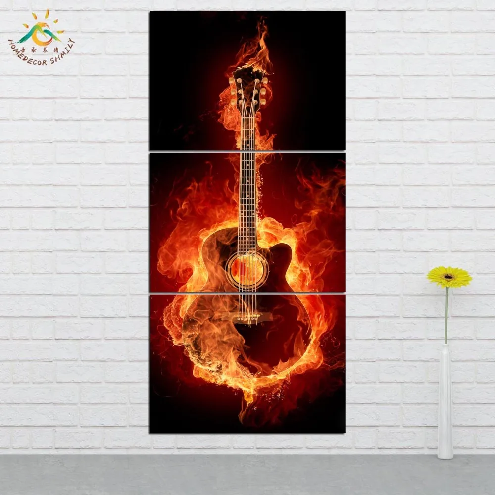 

Wall Art Canvas Painting Posters and Prints Decorative Picture Guitar On Fire Decoration Home For Living Room 3 PIECES