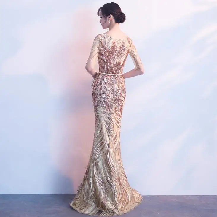 BANVASAC O Neck Sequined Long Mermaid Evening Dresses Vintage Gold Lace Half Sleeve Party Leaf Sash Prom Gowns