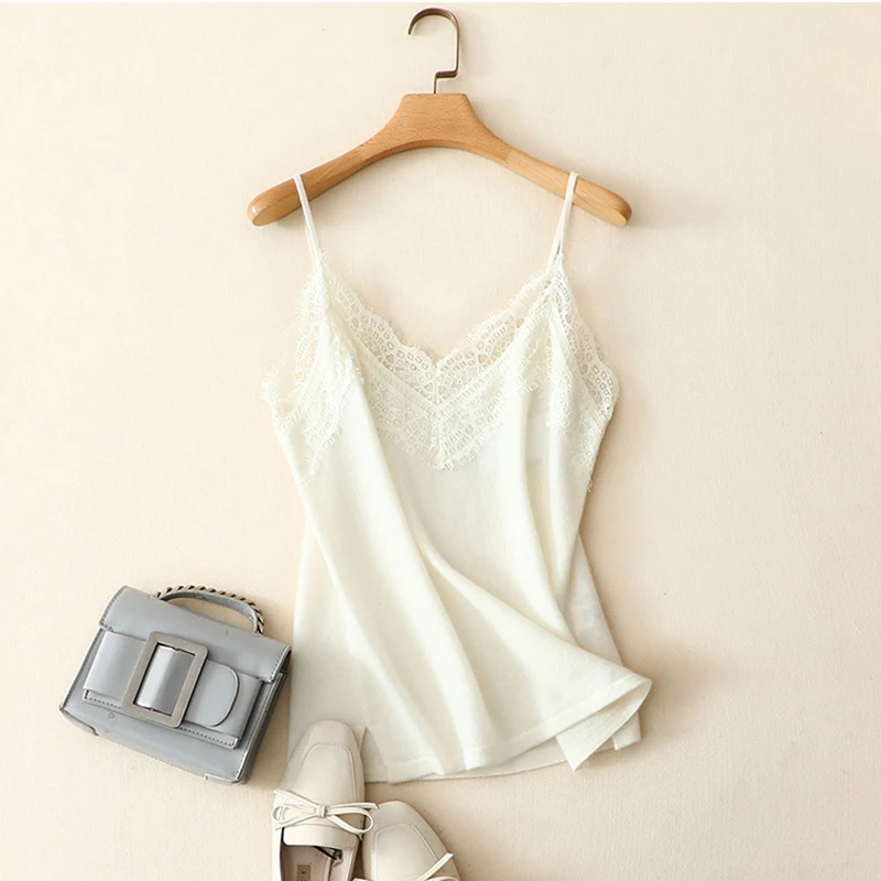 100% Cashmere Knitted Lace Neck Tank Top Vest Women Basic Clothing Solid Tops 4 Colors Cacual Style Spring New Fashion 2019