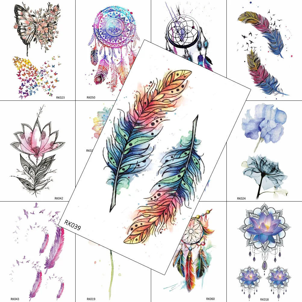 Fashion Temporary Tattoos Sticker Colorful Feather Flower Dreamcatcher Watercolor Tattoo Fake Jewelry Body Art Drawing Tatoos