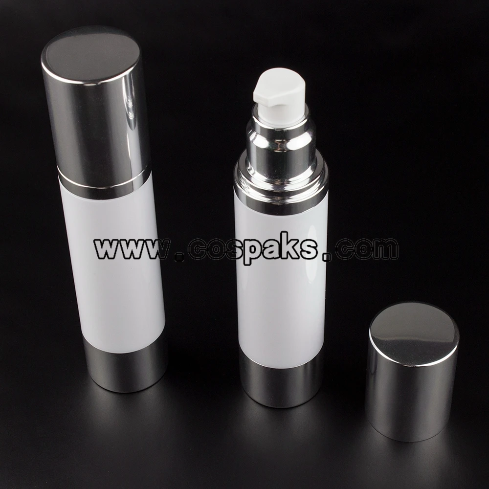 

100pcs airless cosmetic bottle, 50ml round white airless cosmetic pump packaging, 50ml white airless bottle with aluminium base