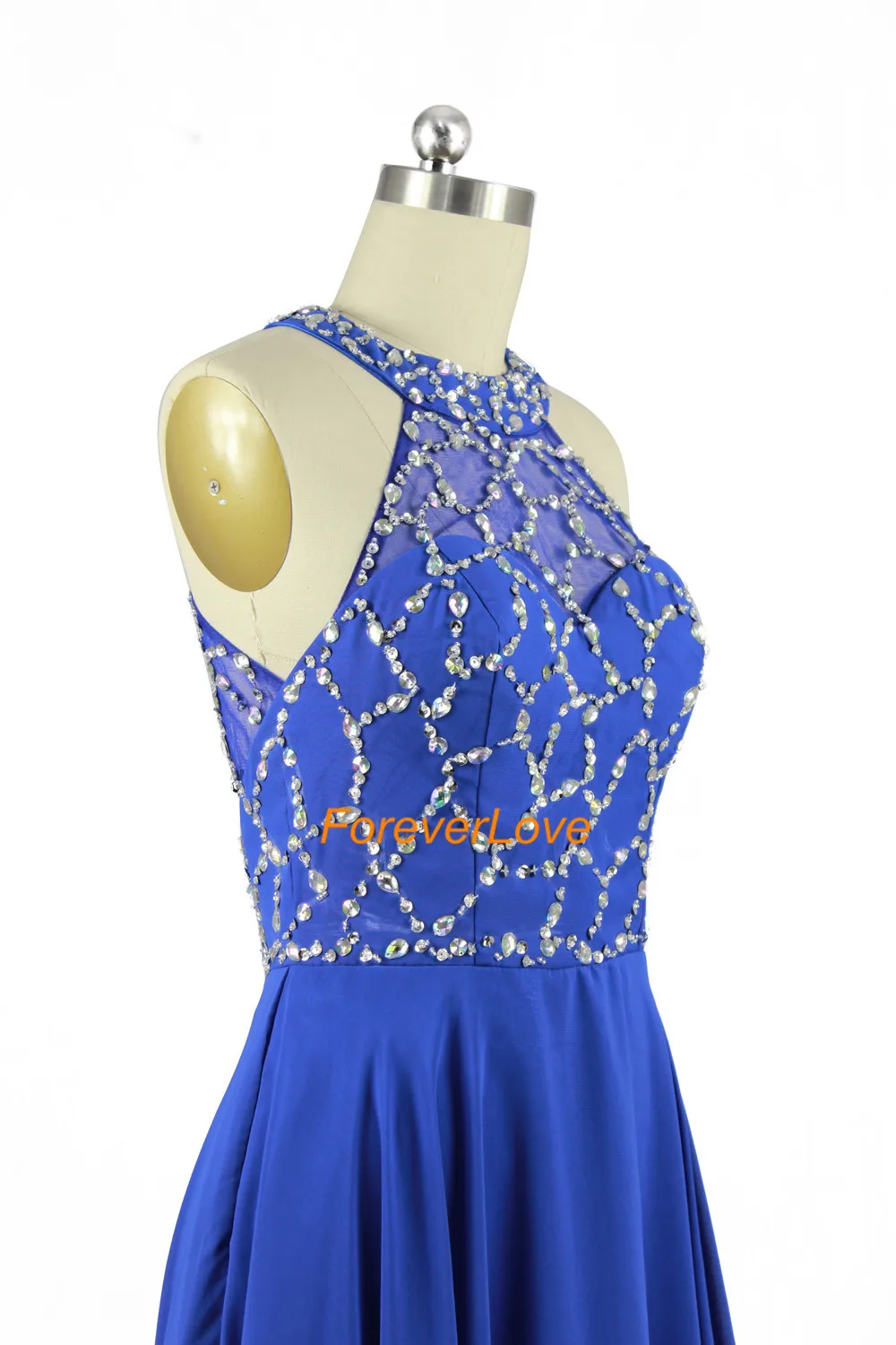 Vestido largo azul de gasa con cuentas de cristal, vestido de fiesta Formal de noche, línea A, hermoso Halter, 2016