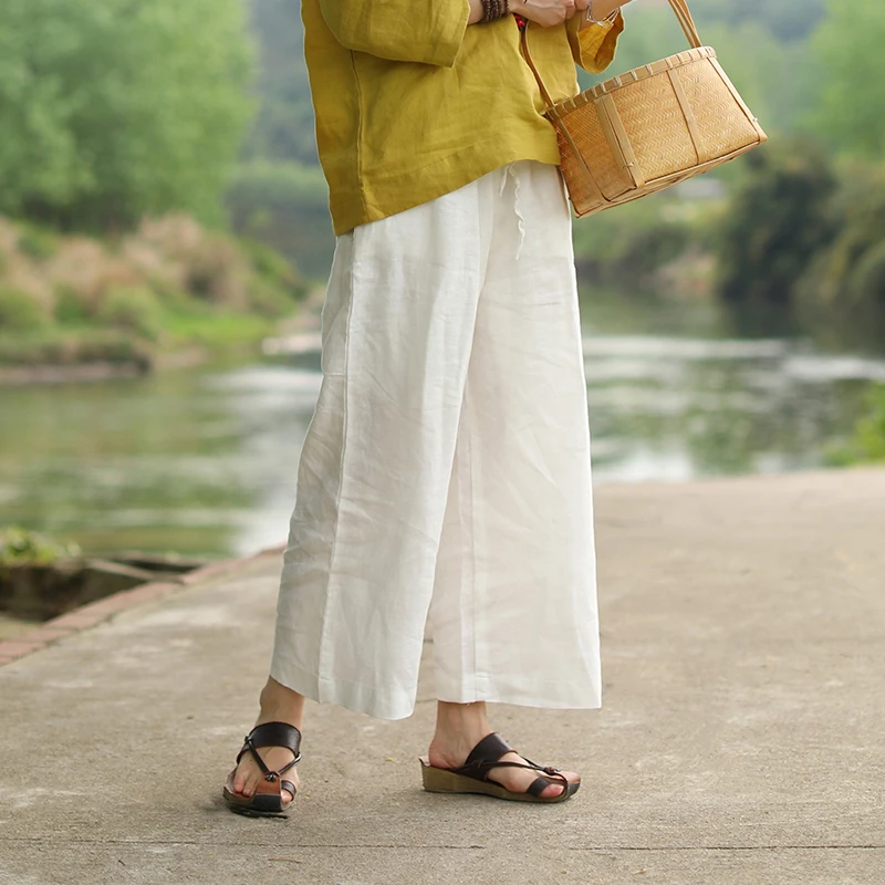 LZJN-Ankle Length Summer Pants for Women, Wide Leg Trousers, Casual Linen Pants, Elastic Waist Ladies Capris, Quality Binding,